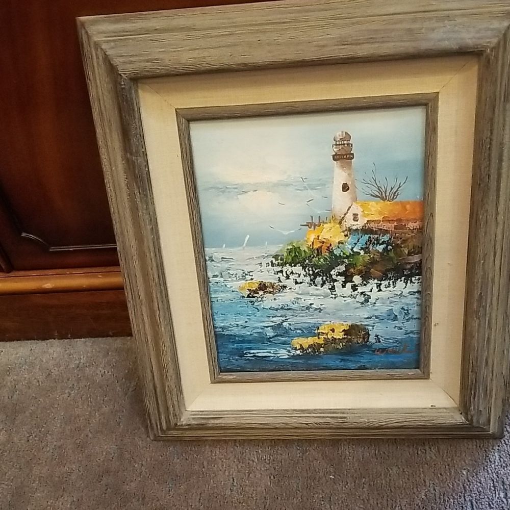 Rustic Framed Lighthouse Painting - Blue and Brown NEW!